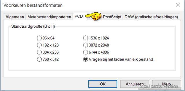 Bestand > Voorkeuren > Bestandsformaten > PCD (Kodak Photo CD bestand)