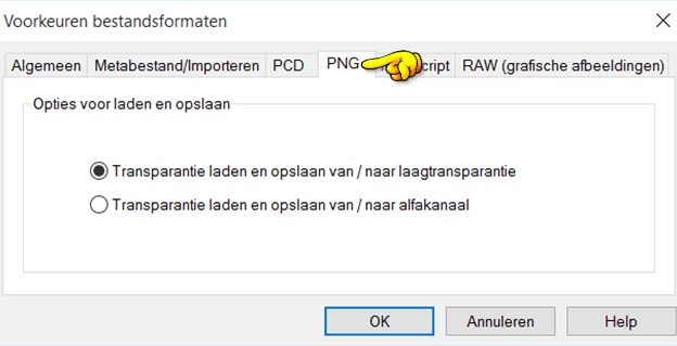 Bestand > Voorkeuren > Bestandsformaten > PNG