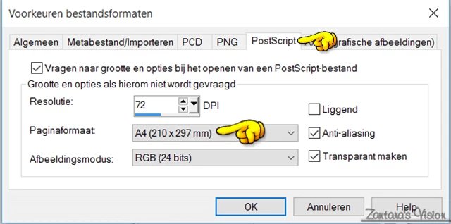 Bestand > Voorkeuren > Bestandsformaten > Postscript